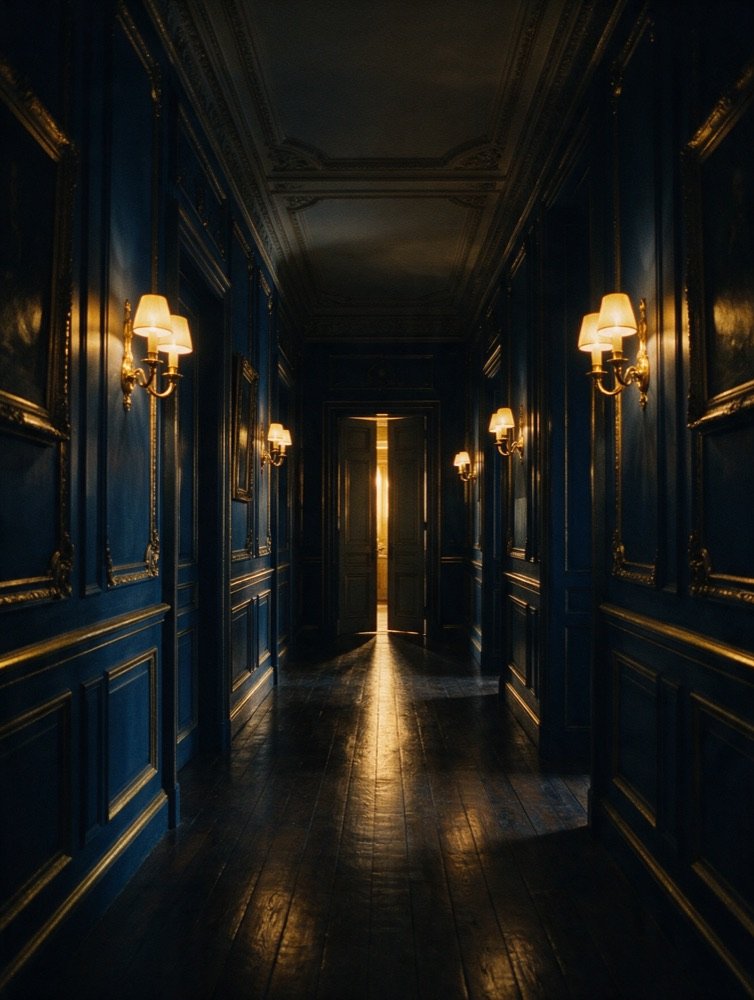 Corredor de palácio em azul-safira com apliques dourados acesos e uma porta entreaberta com luz quente no fim