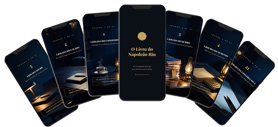 Sete telas de celular em leque mostrando o livro: a capa e as jogadas do cafezinho, do calado, do burro, do aumento e da conversa seca